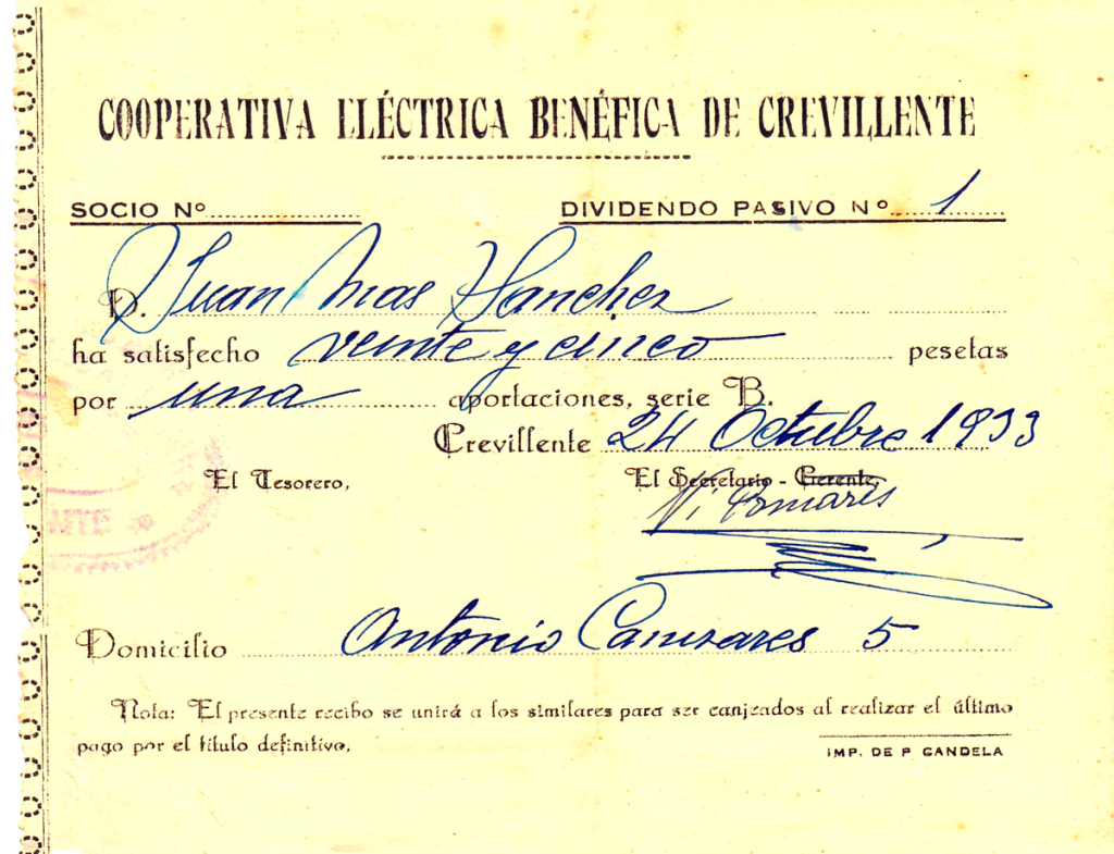 Recibo pago cuota socio 25 pesetas (Año 1933)