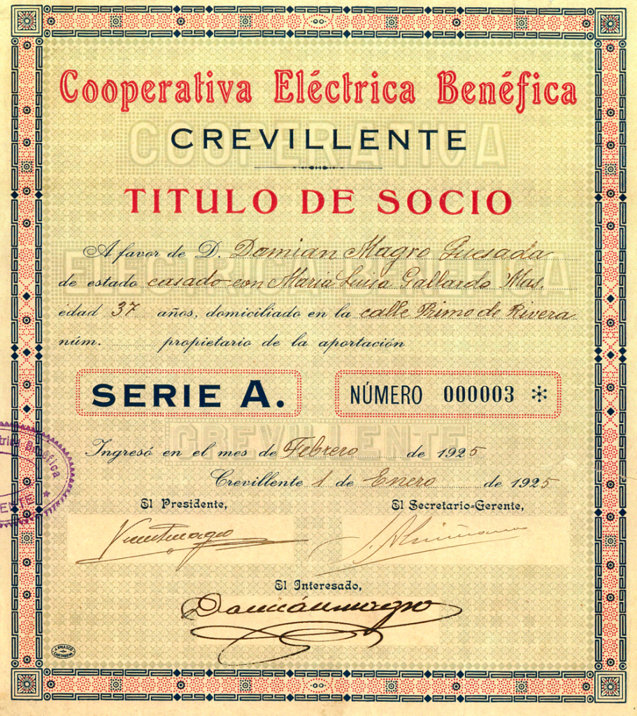 TÍtulo de socio de la Cooperativa (Año 1925)